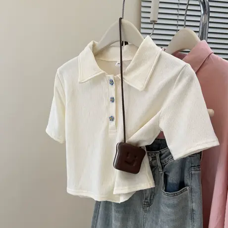 小个子短款Polo领短袖T恤女夏季修身韩版打底衫纽扣设计感上衣潮商品大图