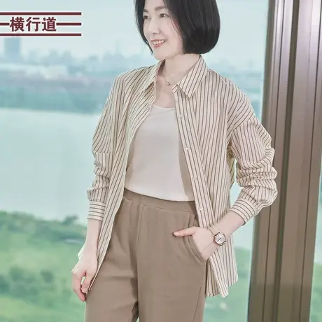 宽松翻领长袖竖条衬衫韩版衬衣2025春季防晒衣春装女士上衣服外套商品大图
