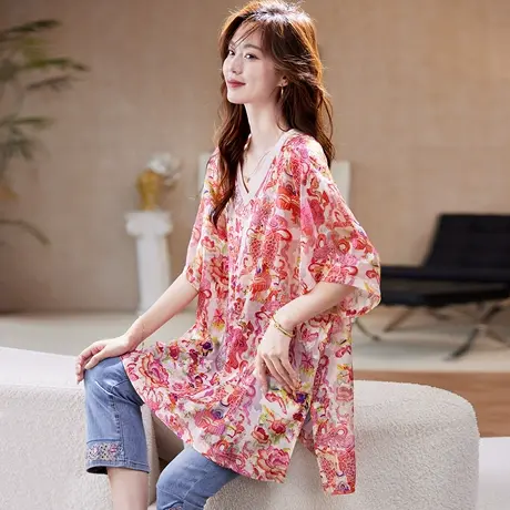 宝诗黎【新品价178元】V领中长款印花小衫Y0679图片