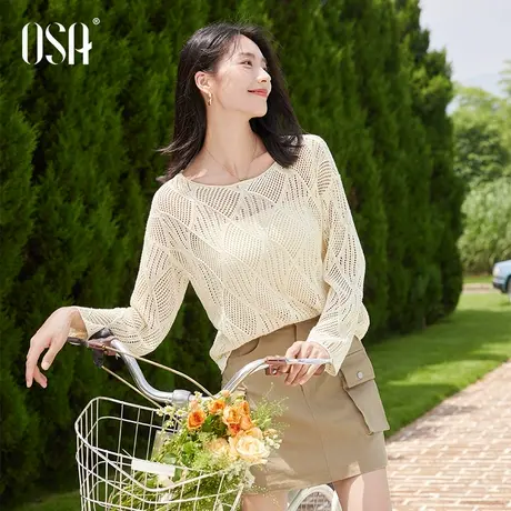 OSA欧莎2025春季新款法式镂空长袖针织衫女圆领宽松空调罩衫上衣图片