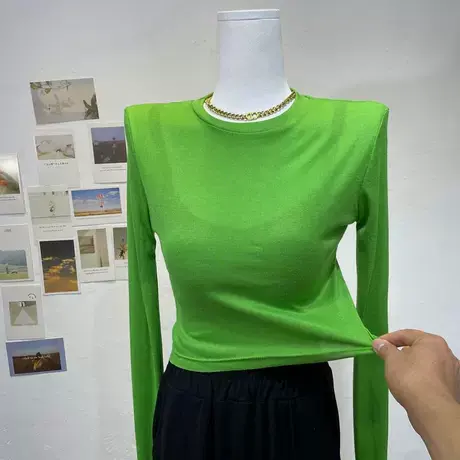 韩国ins网红修身百搭堆堆袖Ｔ恤上衣女薄高腰短款打底衫上衣春秋图片