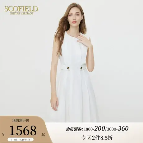 Scofield通勤圆领无袖褶皱连衣裙优雅收腰喇叭裙女装2023夏季新款图片