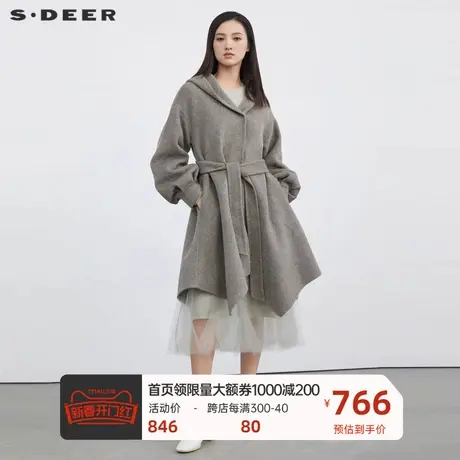 sdeer圣迪奥女装连帽收腰泡泡袖不规则毛呢大衣S224Z2503🛣商品大图