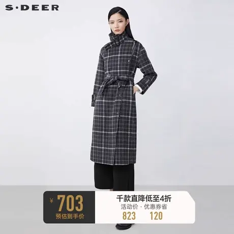 sdeer圣迪奥冬装翻领撞色格纹拼接收腰毛呢大衣S21481832🛴商品大图