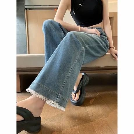 时尚气质牛仔裤2025年夏季新款宽松百搭高腰显瘦直筒蕾丝边九分裤商品大图