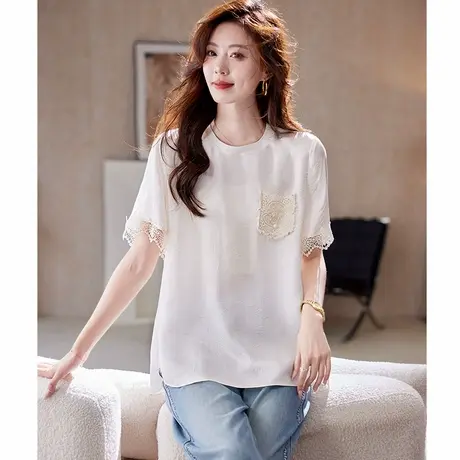 宝诗黎蕾丝钉珠拼接醋酸T恤2025夏季气质简约高级感休闲短袖上衣图片
