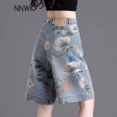 美式蓝色印花牛仔短裤女夏薄款2025新款阔腿中裤高腰直筒五分裤子图片