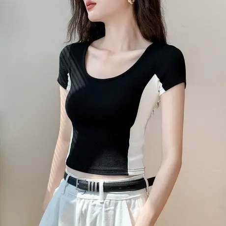 圆领短袖T恤女2024夏季新款撞色拼接设计感小众修身显瘦正肩上衣商品大图
