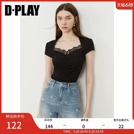 DPLAY2025年夏季新款黑色t恤女法式独特蕾丝短袖上衣修身打底衫商品大图