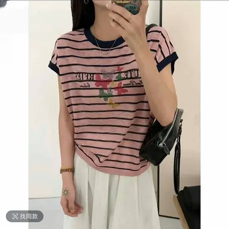 2025夏季新款圆领烫钻蝴蝶结竹节纱飞飞袖薄款针织短袖t恤女上衣图片