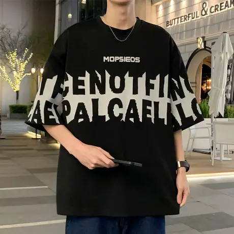 短袖T恤男美式字母港风宽松大码圆领半袖夏季2025新款男生体恤衫商品大图