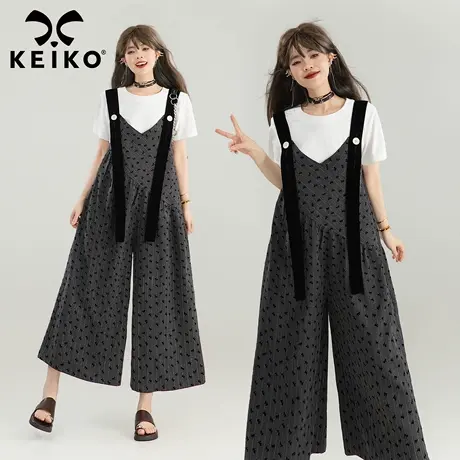 KEIKO 设计感条纹背带阔腿裤长裤女早秋慵懒休闲植绒碎花连体裤裙商品大图