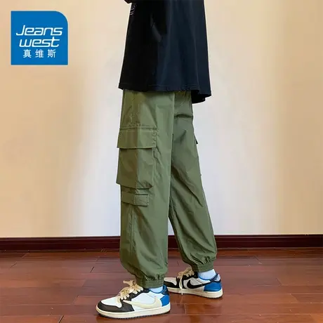 KZ真维斯春秋季工装休闲裤男士冲锋束脚裤九分军绿色抽绳9分裤子商品大图