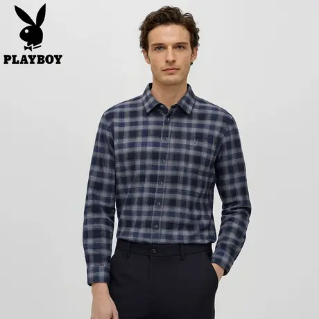 【100%纯棉】花花公子新款磨毛格子衬衫男款商务休闲百搭长袖衬衣图片