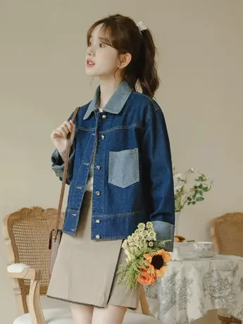 设计感小众拼接撞色牛仔外套女短款春秋复古百搭夹克小个子上衣潮图片