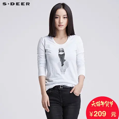 sdeer圣迪奥女2018冬装简约人物背影印花长袖T恤打底衫S16480241图片