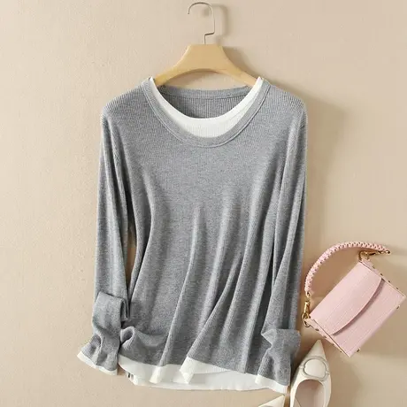 美丽诺羊毛针织假两件春装女2024新款宽松软糯内搭打底衫外套毛衣商品大图