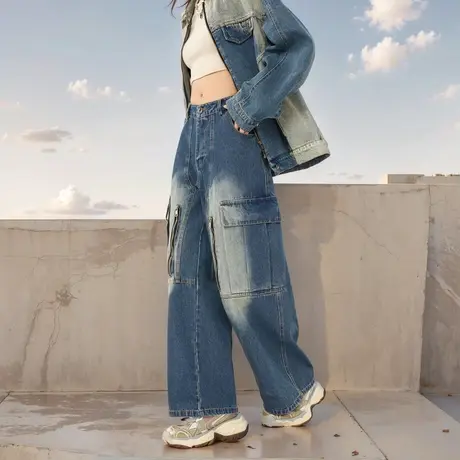 美式复古做旧工装牛仔裤女春秋2025年新款水洗高腰拼接直筒裤长裤商品大图