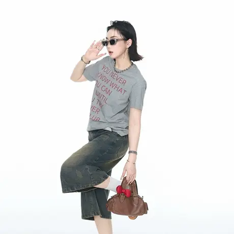 YEP2025夏季新款正肩修身短款创意印花T恤女潮牌辣妹风半袖上衣图片