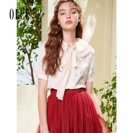 Oece夏装新款女装 少女樱花粉百褶花边领系带甜美碎花雪纺衫商品大图