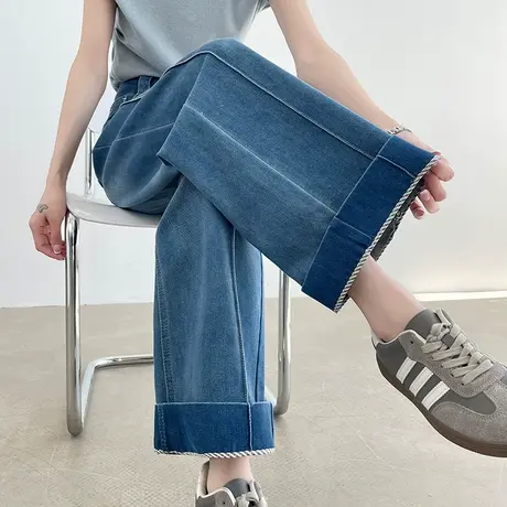 天丝棉九分牛仔阔腿裤女夏季薄款高腰宽松显瘦垂感蓝色直筒翻边裤商品大图