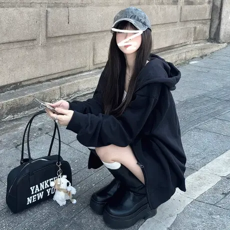 大码卫衣外套女秋冬季小个子宽松韩系慵懒风加绒加厚连帽开衫上衣商品大图