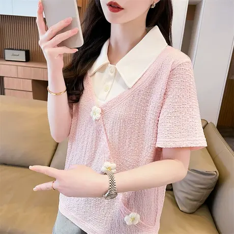 polo领短袖t恤女2025新款夏季韩版宽松初中生小个子假两件上衣服图片