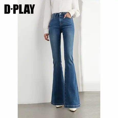 DPLAY冬季新款百搭蓝色高腰微喇水洗牛仔气质休闲长款裤子女图片