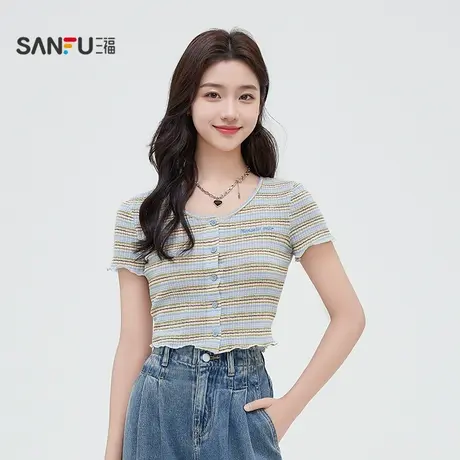 三福短袖t恤女2025新款夏季美式BM风短款V领小众别致上衣女装图片