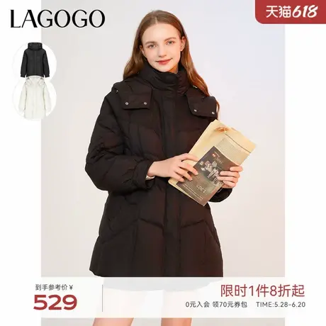 LAGOGO时尚黑色连帽羽绒服女拉谷谷冬季新款加厚高品质中长款外套商品大图