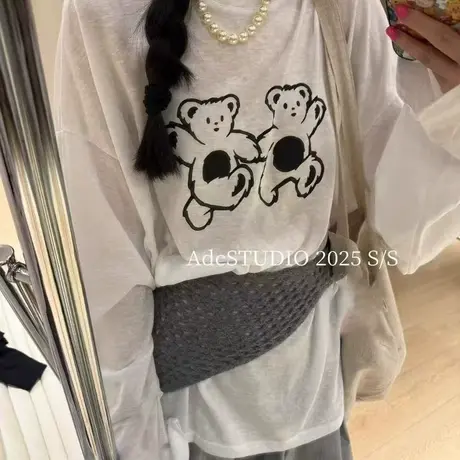 韩国东大门夏季新款宽松慵懒薄款小熊印花防晒长袖T恤女休闲上衣商品大图
