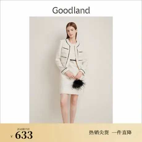 Goodland美地春季法式优雅鎏金花纱小香风休闲短外套图片