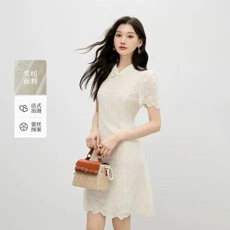 秋水伊人立领设计连衣裙2025夏季新款女装时尚国风盘扣蕾丝裙子商品大图