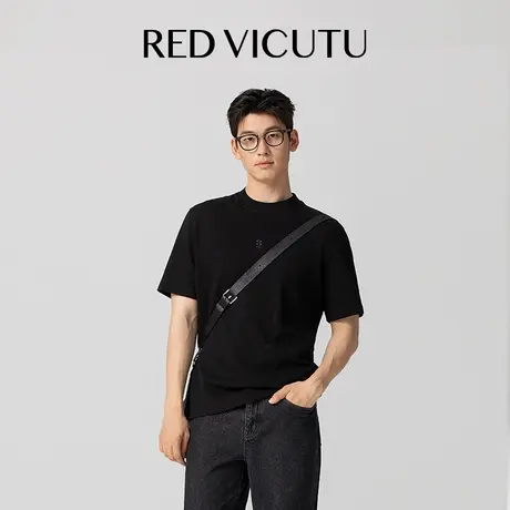 VICUTU威可多黑色圆领男T恤细腻舒适修身时尚百搭松弛短袖T恤上衣图片