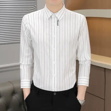 男寸衫春秋季薄款百搭条纹衬衫上衣男士长袖商务休闲衬衣修身百搭商品大图