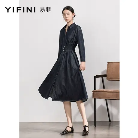 Yifini/易菲收腰显瘦长袖牛仔蓝中长款衬衫裙女连衣裙早春新图片