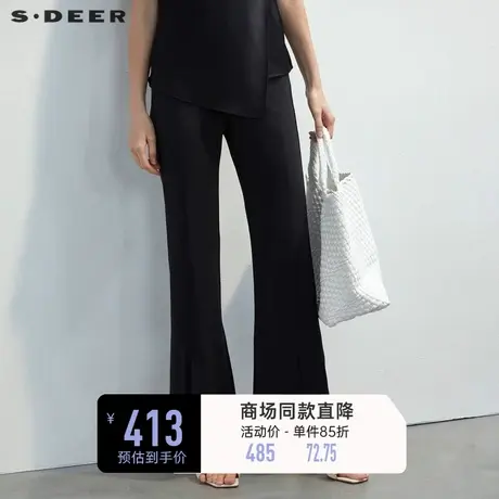 S.⏫DEER圣迪奥女装松紧拼接插袋开叉喇叭长裤S23280809商品大图