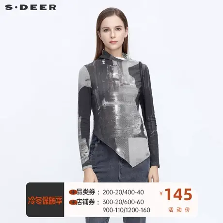 sdeer圣迪奥女装时尚高领人物印花不规则长袖T恤S21180205🧙商品大图