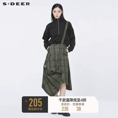 sdeer圣迪奥冬季不规则字母印花撞色格纹背带长裙女S21481115商品大图