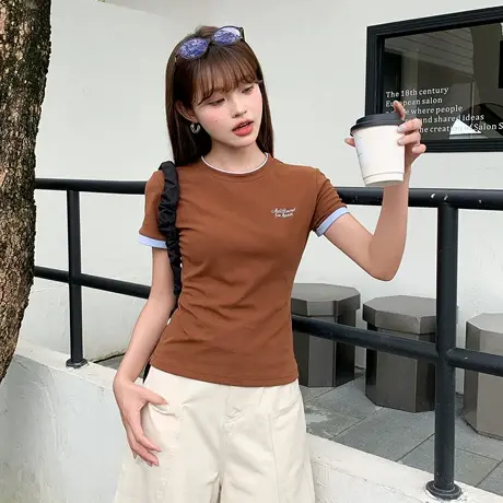 尔给夏季拼接撞色修身显瘦T恤女休闲小众圆领设计感百搭印花上衣商品大图