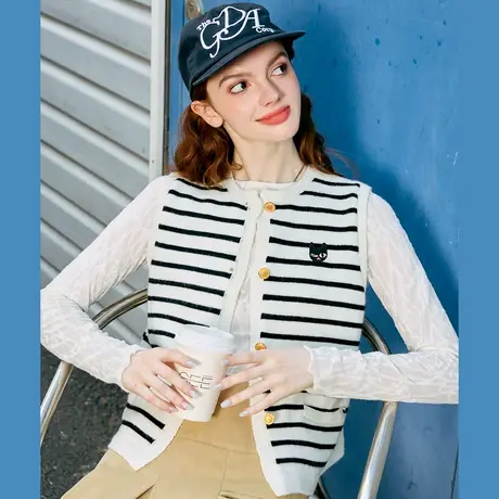 a02低圆领撞色条纹无袖针织衫春季休闲百搭小清新女式马夹商品大图