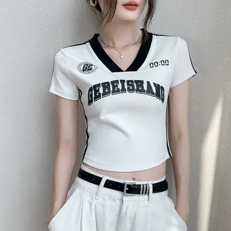 掐腰条纹短袖t恤女2025夏新款修身显瘦字母印花辣妹正肩短款上衣图片