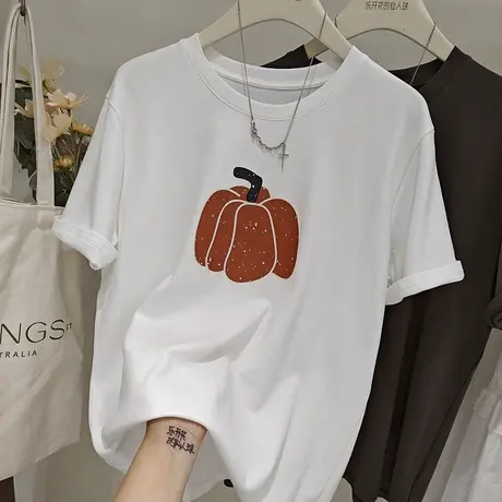 韩系时尚南瓜印花宽松纯棉短袖T恤女202夏季圆领显瘦体恤衫上衣潮商品大图