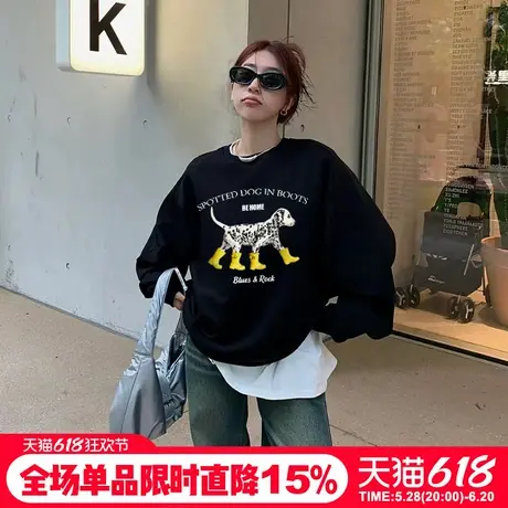 oversize大版宽松黑色无帽卫衣女2025新款韩系慵懒风秋冬加绒上衣商品大图