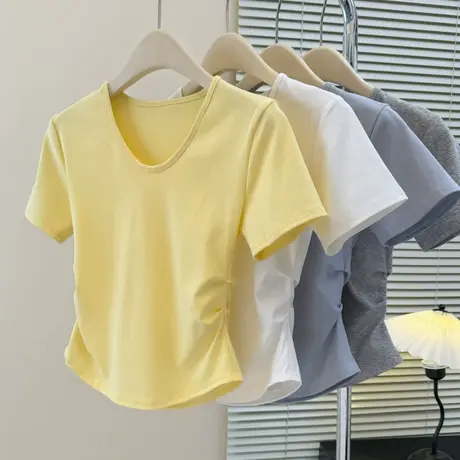 2025夏季新款V领正肩短袖T恤女装韩版修身内搭打底衫短款掐腰上衣商品大图