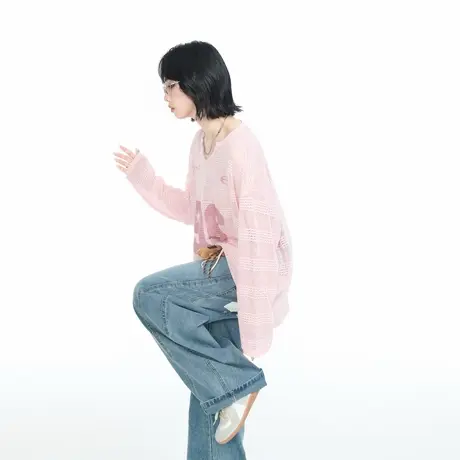 粉色镂空V领长袖T恤上衣女夏季2025新款美式复古数字印花宽松罩衫图片