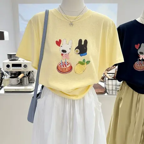 夏季新款韩系卡通小狗印花宽松减龄显瘦薄款雪花棉短袖T恤女打底商品大图