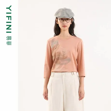 [专柜同款]Yifini/易菲高级感印花七分袖宽松短款时尚T恤女25春新图片