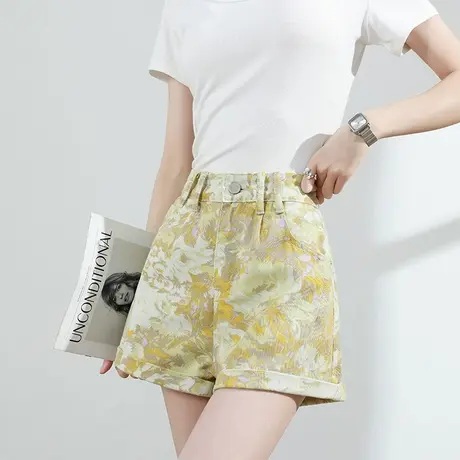 印花牛仔短裤女夏季薄款高腰宽松显瘦百搭a字挽边阔腿三分热裤子商品大图