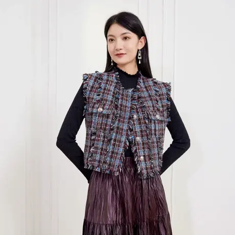 希区瑞普粗花呢女士格子毛边小香风法式流苏叠穿马夹外套图片